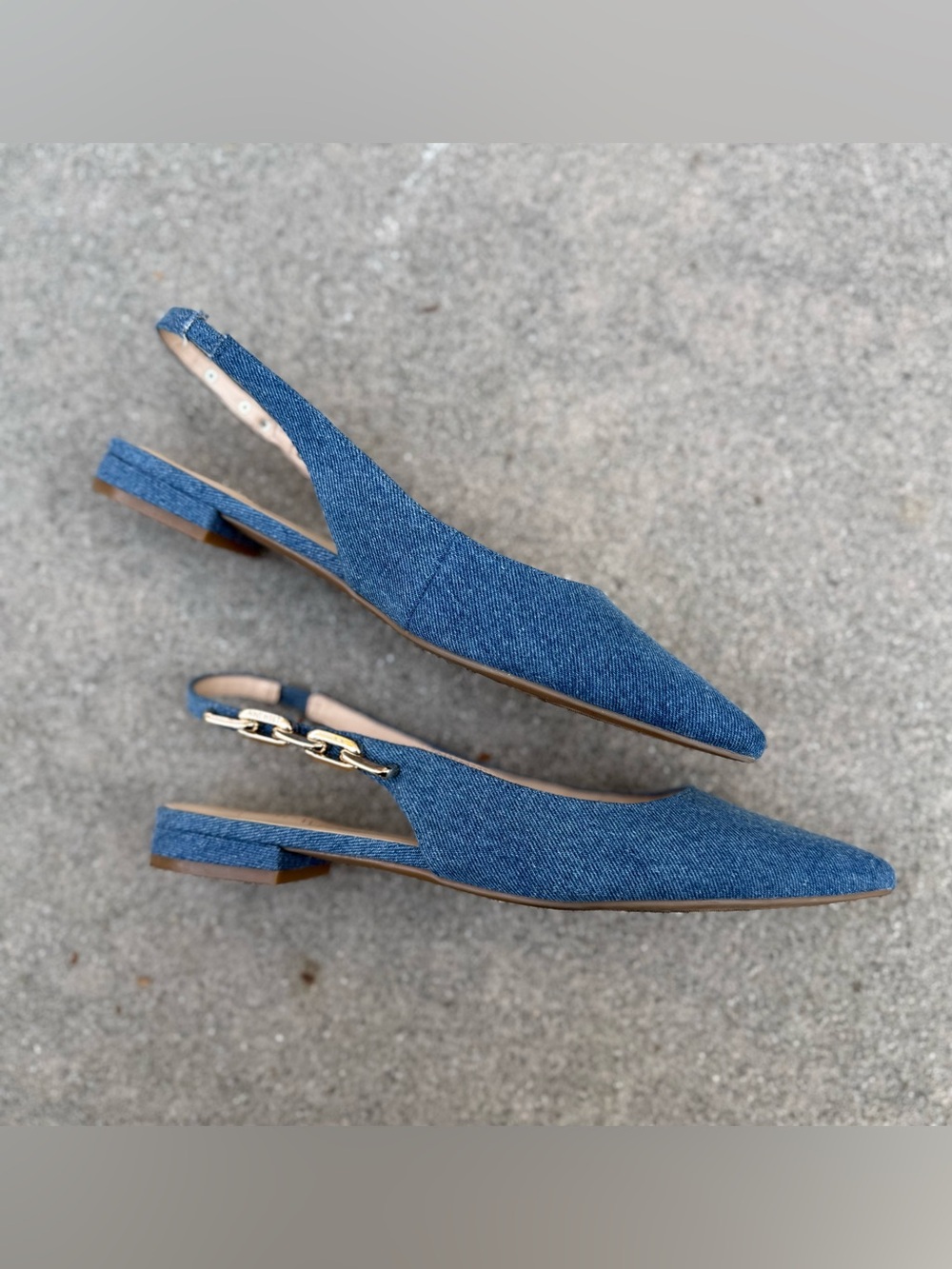 Nine West Babby Ballet Slingback Flats Shoe Pointed Toe Chain Detail chambray 10